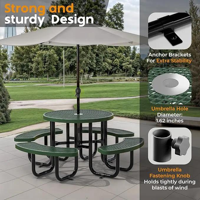 Metal Picnic Tables for Outdoors with Umbrella Hole - Coated Steel Heavy Duty Commercial Grade Table with Adjustable Seats (Green, 38 in, Round, Expanded Steel) by GreenHaven Gardens
