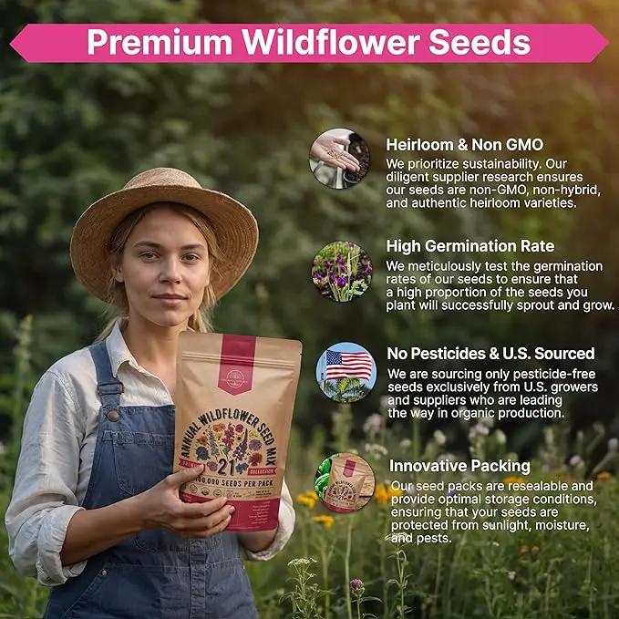 Organo Republic 21 Annual Wildflower Seeds Mix for Indoor & Outdoors. 100,000+ Non-GMO, Heirloom Wildflower Garden Seeds, 4oz Packet for Growing Wild Flowers to Attract Bees, Butterflies & Birds by GreenHaven Gardens