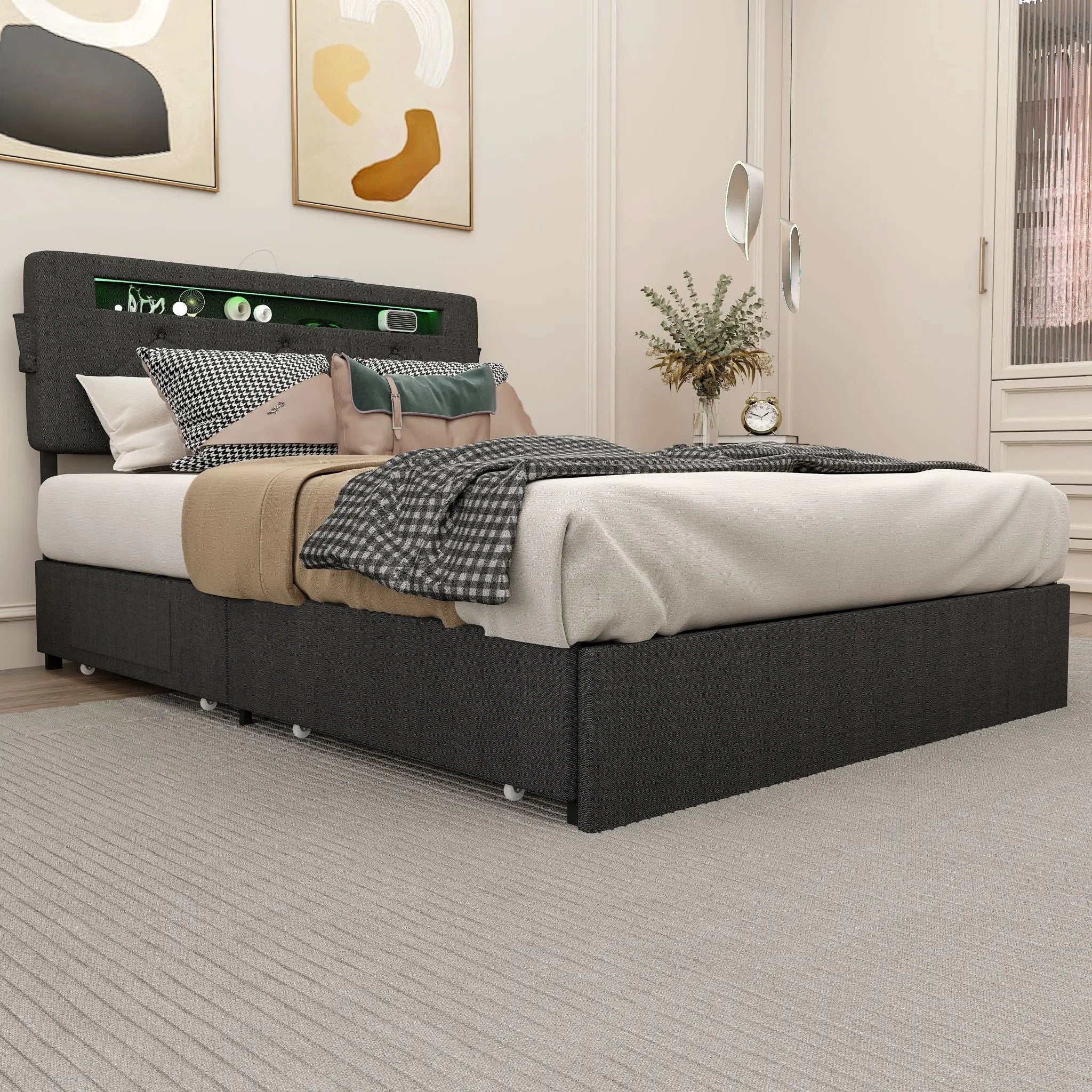Bed With USB Charging Station, LED Lights, Headboard & Storage Drawers by HouseOfZazla