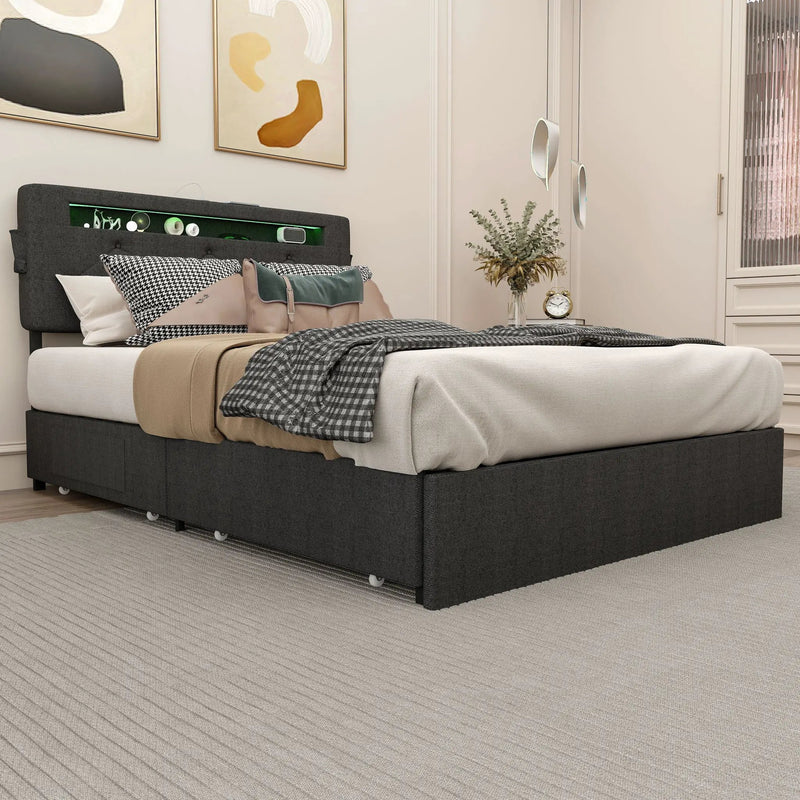 Bed With USB Charging Station, LED Lights, Headboard & Storage Drawers by HouseOfZazla