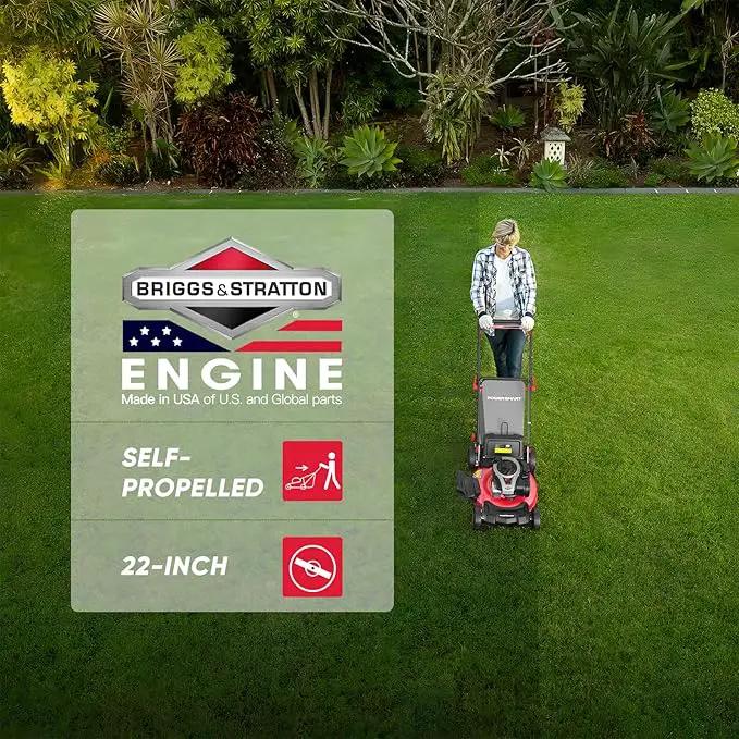 PowerSmart Self Propelled Gas Lawn Mower, 22-Inch with 140cc Briggs and Stratton E550 Engine 3-in-1 Rear-Wheel Drive Lawnmower with Bagging by GreenHaven Gardens