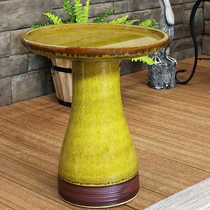 Sunnydaze 21" H Ceramic Bird Bath for Outside - Hand-Painted Outdoor Bird Bath Bowl, UV/Frost-Resistant Finish - Cognac Yellow - Ribbed Pedestal by GreenHaven Gardens