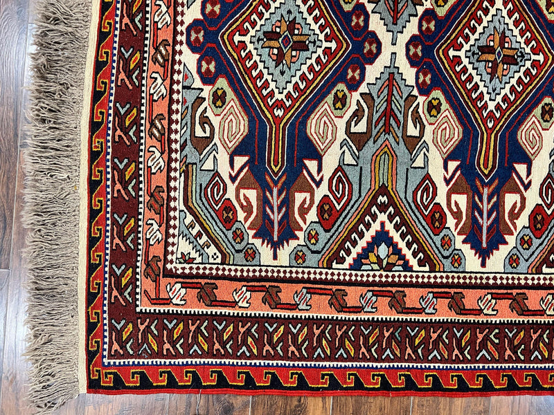 Russian Soumak Rug 6x8, Wool Handmade Antique Kilim Carpet, Multicolor 6 x 8 Geometric Medallions Caucasian Rug, Medium Size by Jewel Rugs
