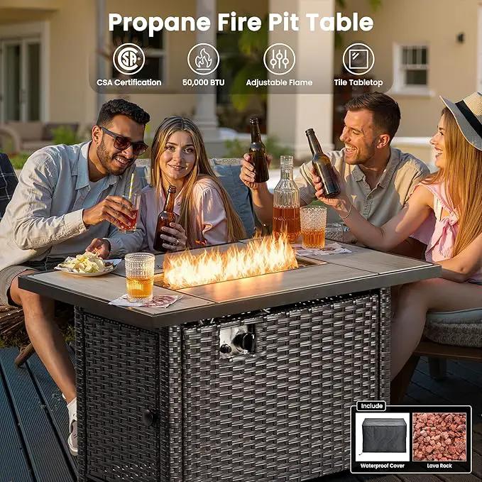 ovios 6 Pieces Patio Furniture Set with 42" Fire Pit Table, Outdoor Wicker Sofa with Ottomans, Comfy Cushions, High Back Couch Conversation Set, Brown Rattan, Navy Blue by GreenHaven Gardens