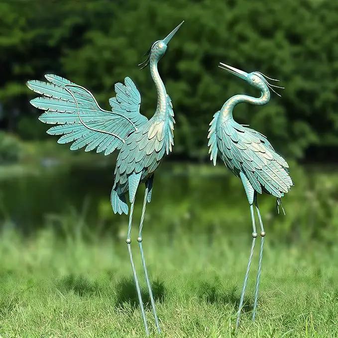 Crane Statues for Outdoor, Metal Heron Garden Statues Bird Yard Art, Standing Sculptures for Yard Lawn Pond Garden Decor, 38-42 Inch Set of 2, Cyan by GreenHaven Gardens