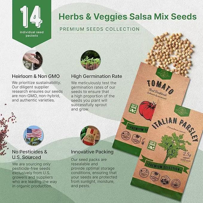 Organo Republic 14 Herbs & Veggies Salsa Mix Seeds Variety Pack - 5,180+ Non GMO Heirloom Herb, Tomato & Chili Pepper Seeds for Planting Outdoor & Indoor Home Gardening: Basil, Cilantro Onion, Peppers by GreenHaven Gardens