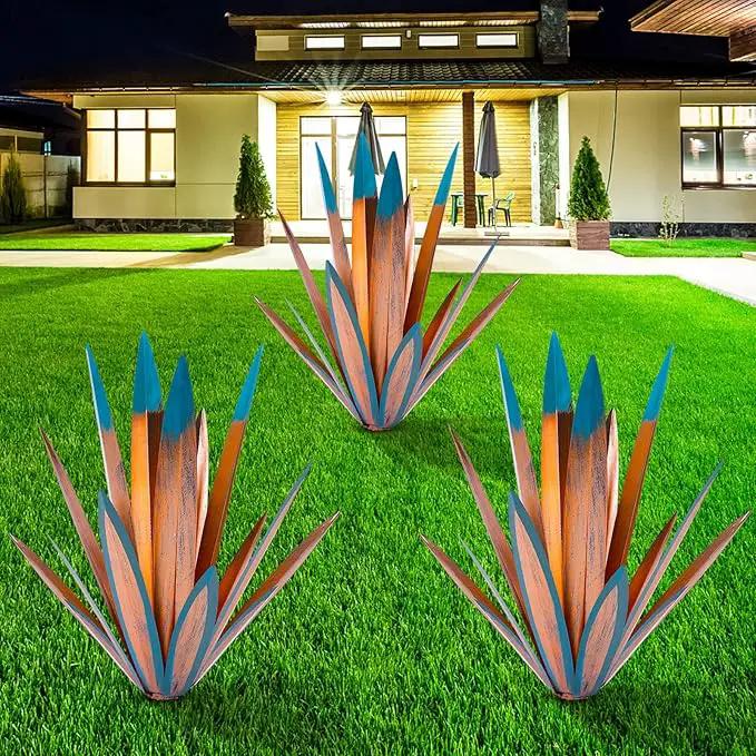 Large Tequila Rustic Sculpture, Rustic Metal Agave Plants for Outdoor Patio Yard, Home Decor Hand Painted Metal Agave Garden Yard Statue, Outdoor Lawn Ornaments (3 Big) by GreenHaven Gardens