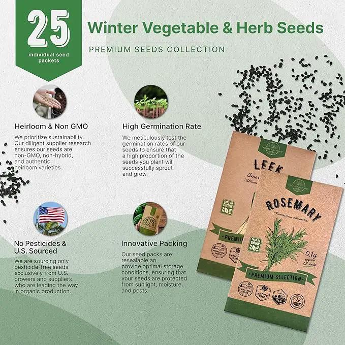 Organo Republic 25 Winter Vegetable & Herb Garden Seeds Variety Pack for Outdoors & Indoor Home Gardening 22,840+ Non-GMO Heirloom Seeds Broccoli Beet Carrot Cabbage Radish Pea Mint Thyme Parsley by GreenHaven Gardens