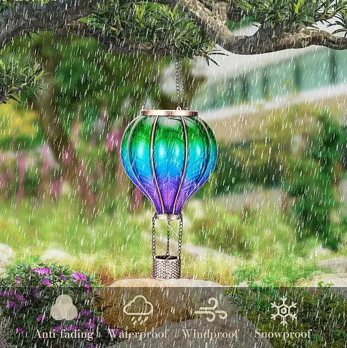 TERESA'S COLLECTIONS 2 Pack Hanging Solar Lantern Outdoor Garden Decor for Valentine ,Waterproof Plastic Hot Air Balloon Green Flickering Flame Effect Lantern for Yard Tree ,18" by GreenHaven Gardens
