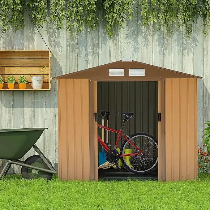 Outsunny 7' x 4' Outdoor Storage Shed, Garden Tool Metal Shed with Foundation Kit, Double Lockable Door, Air Vents and Sloping Roof, for Backyard, Patio, Lawn, Yellow by GreenHaven Gardens