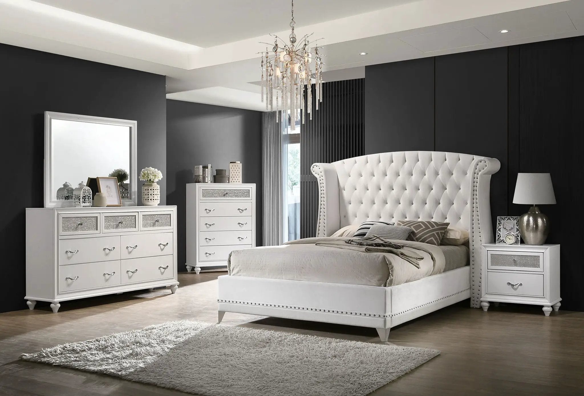 Barzini Upholstered Eastern King Wingback Bed White by Unique Piece Furniture