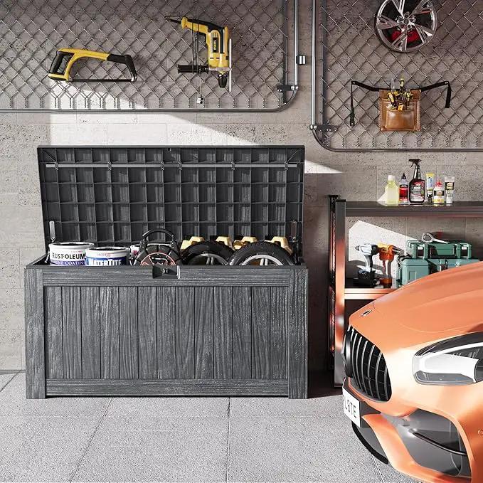 Greesum 120 Gallon Outdoor Storage Box with Lock - Large Resin Deck Box, Reinforced Lid for Garden, Patio, Lawn, Gray by GreenHaven Gardens