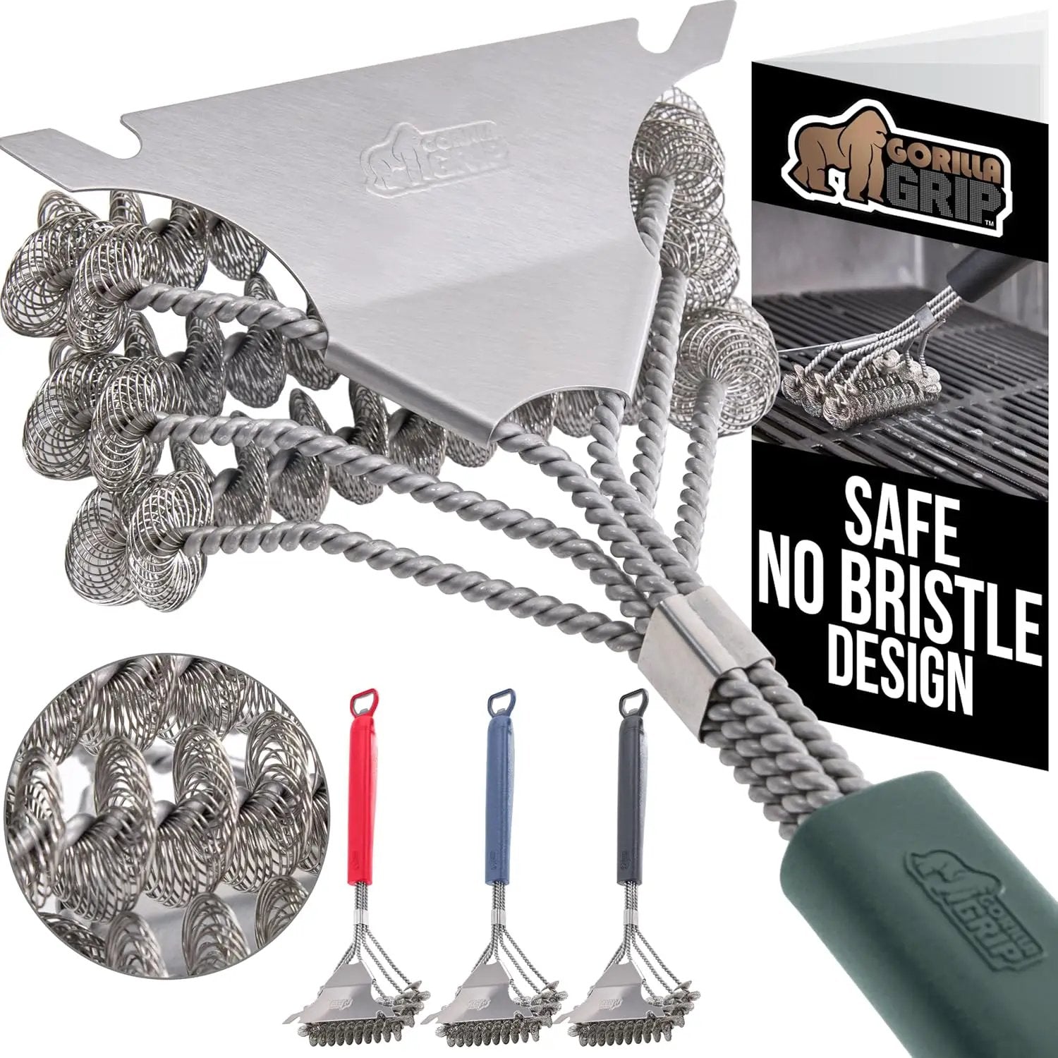 GORILLA GRIP Heavy Duty No Bristle Triple Helix Grill Brush with Scraper for Outdoor Grills, Safe Steam Cleaning, Oversized Comfortable Handle Grip with Bottle Opener, BBQ Tools, 17.5 Inch, Green by GreenHaven Gardens
