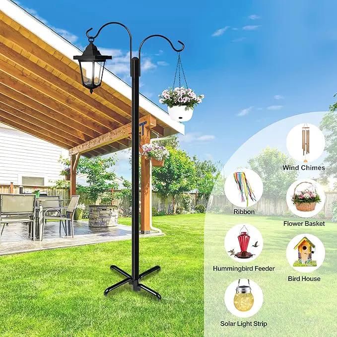 Ottsuls Double Shepherds Hooks for Outdoor, 76 Inch Bird Feeder Pole with 5 Prong Base, Upgrade 1 INCH Thick Heavy Duty Planter Hook for Hanging Baskets, Lantern,1 Pack by GreenHaven Gardens
