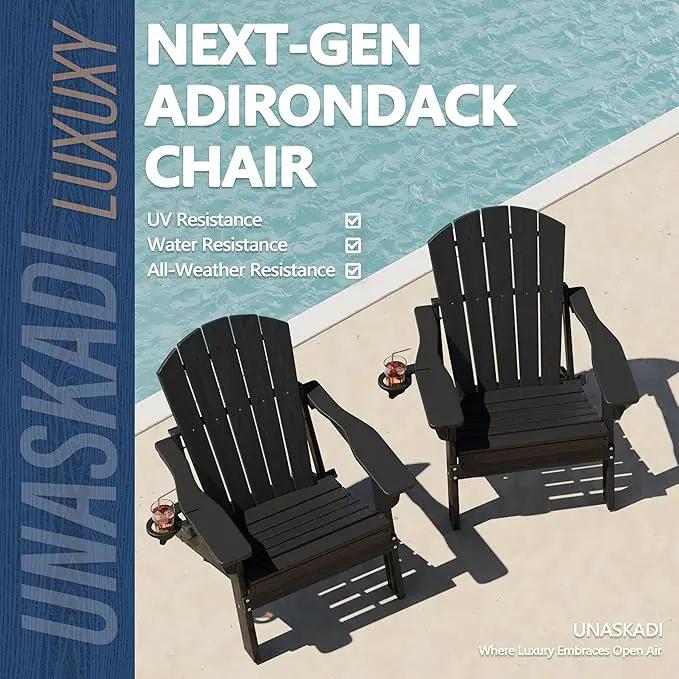 Folding Adirondack Chair Set of 3 with Cup Holder, HDPE All Weather Resistant Plastic Outdoor Patio Chairs, Heavy Duty Fire Pit Seating for Backyard Lawn Garden, Wooden Textured Design(Black) by GreenHaven Gardens