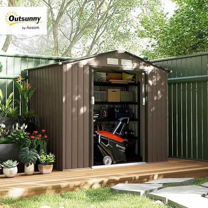 Outsunny 7' x 4' Outdoor Storage Shed, Garden Tool Metal Shed with Foundation Kit, Double Lockable Door, Air Vents and Sloping Roof, for Backyard, Patio, Lawn, Brown by GreenHaven Gardens