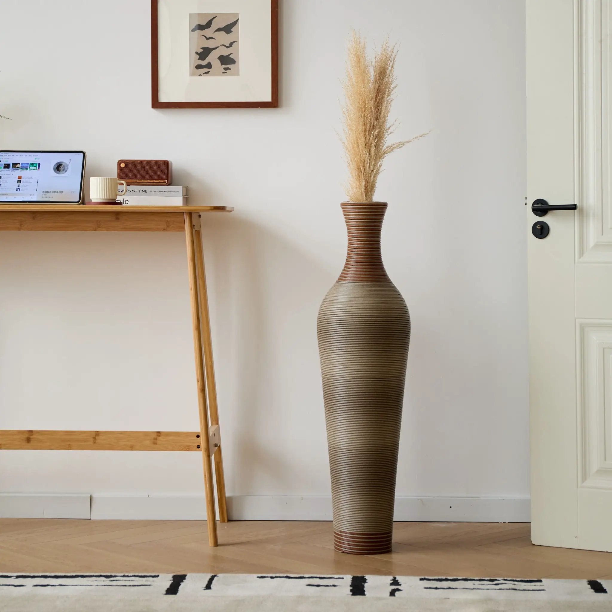 Tall Vase - Brown Decorative Floor Vase, Classic Neat Floor Vase Tall Freestanding Flower Holder, Artificial Rattan Vase, Floor Vase, Flower Holder For Home Decor - Gray by HouseOfZazla