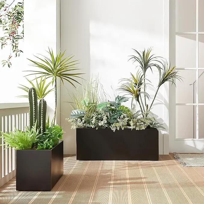 Metallic Heavy Long and Large Outdoor/Indoor Planter, Rectangular Trough Planter Box, 38”Lx15”Wx15”H, 40Pounds, Black with Hand Brushed Gold Edge, No Assemble and Seamless by GreenHaven Gardens