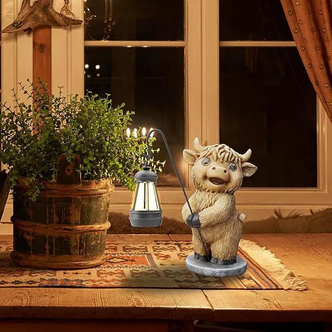 Highland Cow Statues with Solar Lights, Highland Cow Resin Figurine Lights, Highland Cow Ornaments for Patio, Balcony, Indoor Decoration and as Gifts by GreenHaven Gardens