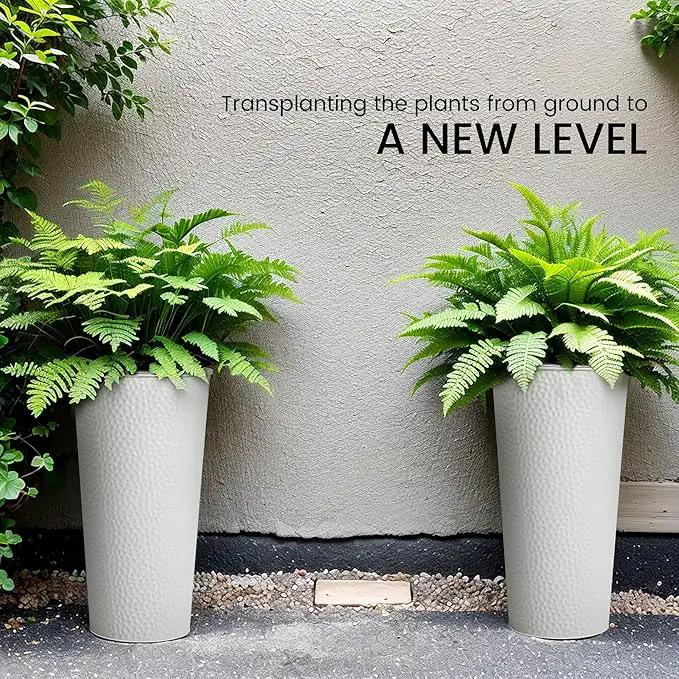 KOL 28" H. Tall Metal Cone Planters with Inner Pots 2-Pack, White Hand-Hammered Large Decor Planter for Deck, Patio, Porch - Handcrafted Flower Pot - with Water Level Indicator - Indoor Outdoor Use by GreenHaven Gardens