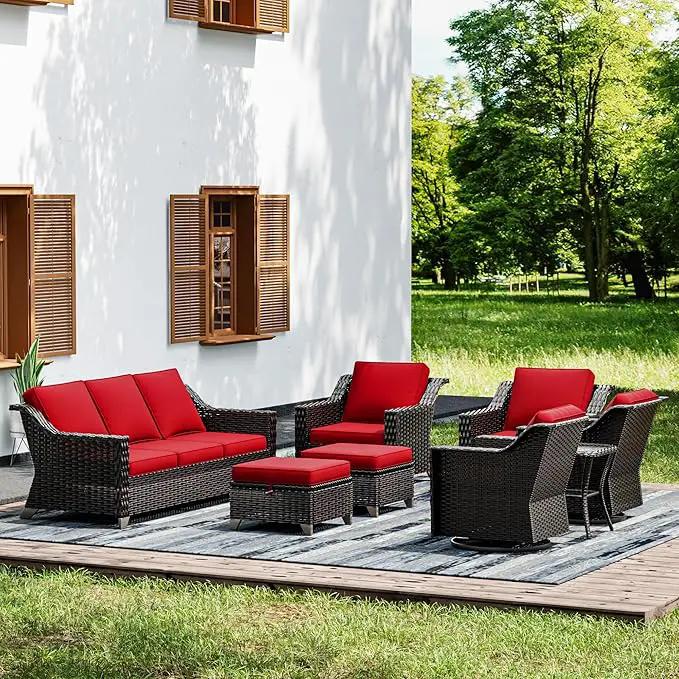 Joyside Wicker Patio Furniture Sets, 8 Pieces Upgraded Large Size Outdoor Furniture with Swivel Rocking Patio Chairs, Patio Dining Chair, 3-Seat Sofa, Outdoor Ottoman, Thick Cushions, Wide Armrest by GreenHaven Gardens