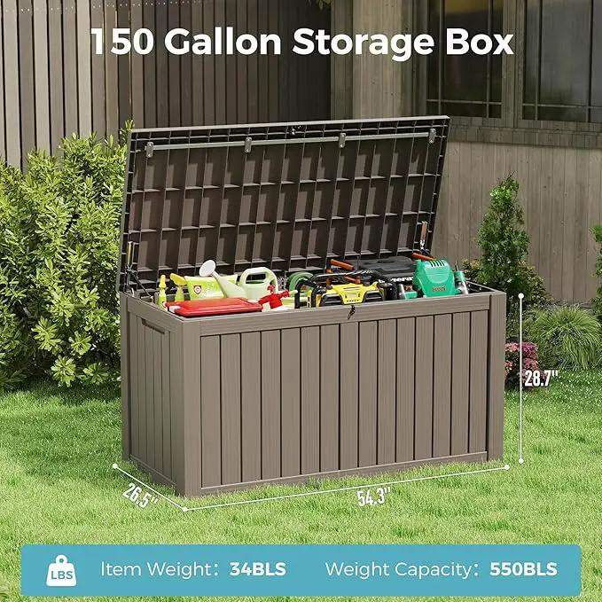 KAMABOKO Outdoor Storage Box, 150 Gallon Large Outdoor Resin Deck Box, Storage Waterproof Boxes Lockable Lid for Garden Tools, Pool Supplies, Patio Furniture and Cushions, Grey by GreenHaven Gardens