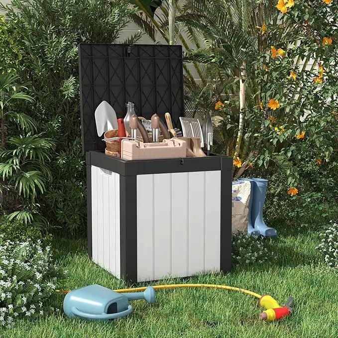 40 Gallon Resin Deck Box, Lockable Patio Outdoor Storage Box for Furniture, Garden Tools and Tools Storage, Waterproof Outside Storage Boxes - Black&White by GreenHaven Gardens