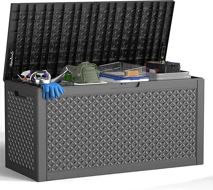 100 Gallon Waterproof Outdoor Storage Box,Resin Deck Box,Lockable Outside Storage Box Container for Patio Furniure,Garden,Pool Tools (100 Gallon,Black pattern) by GreenHaven Gardens