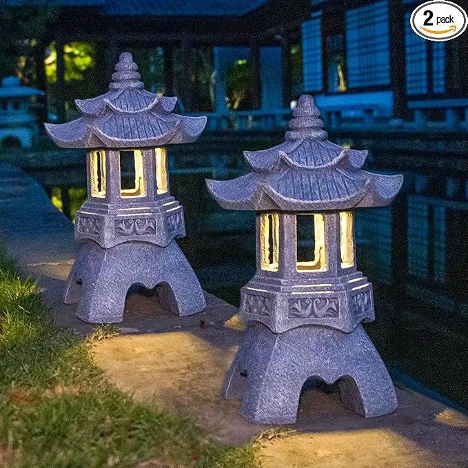 DIBIEECN 2 Pack Japanese Pagoda Garden Statues, Solar Lights for Patio Outdoor, Zen Landscape Lighting, Asian Outdoor Decor for Patio Yard Backyard, Gifts for Women Mom Grandmon by GreenHaven Gardens