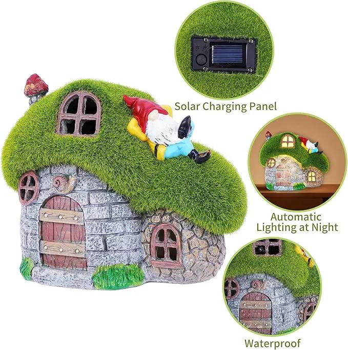 ILLUMINEW House Garden Statues with Solar Lights, LED Cute Flocked Fairy House with Gnomes Garden Figurine, Outdoor Patio Yard Lawn Decorations Gift by GreenHaven Gardens