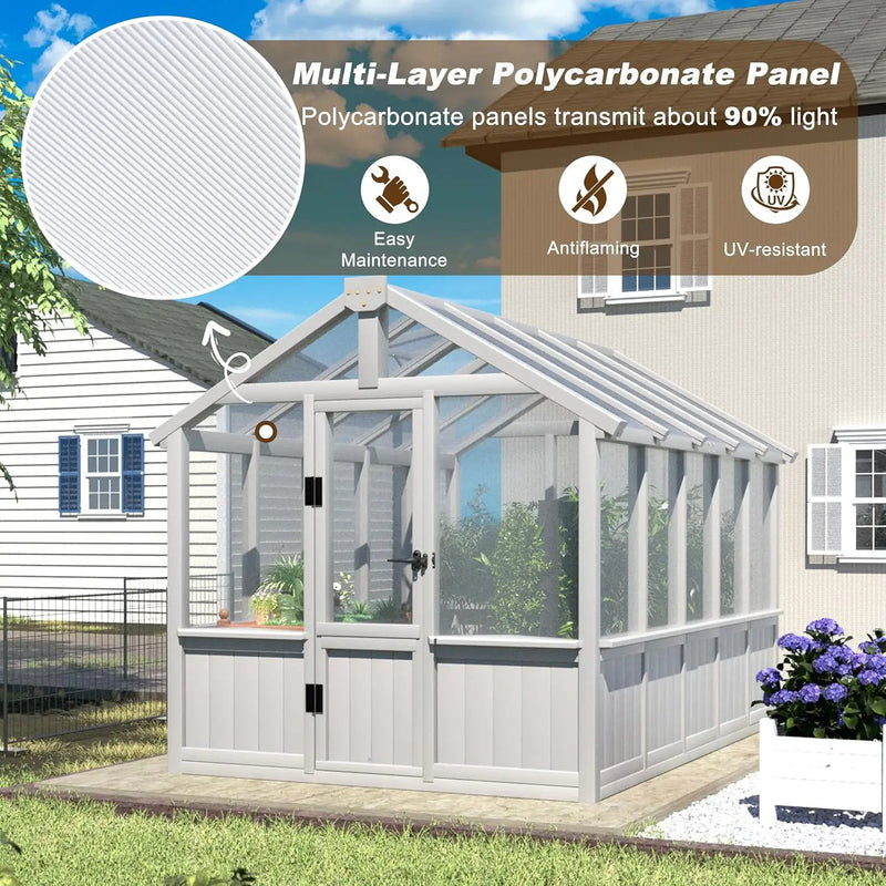 6x10 FT Green House for Outdoor, Thicken Polycarbonate Panel Wooden Walk-in Greenhouse Kit with Lockable Door and Adjustable Roof Vent, Backyard Garden, White by GreenHaven Gardens