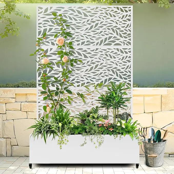 Raised Garden Bed with Trellis and Wheels,73"x47"x16" Metal Raised Garden Bed,White Flowing Leaf Metal Planter with Climbing Trellis for Vines & Vegetables by GreenHaven Gardens