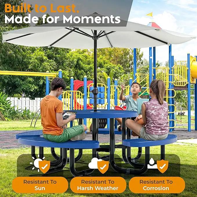 Metal Picnic Tables for Kids for Outdoors with Umbrella Hole - Coated Steel Heavy Duty Commercial Grade Table with Adjustable Seats (Blue, 38 in, Kids, Expanded Steel) by GreenHaven Gardens