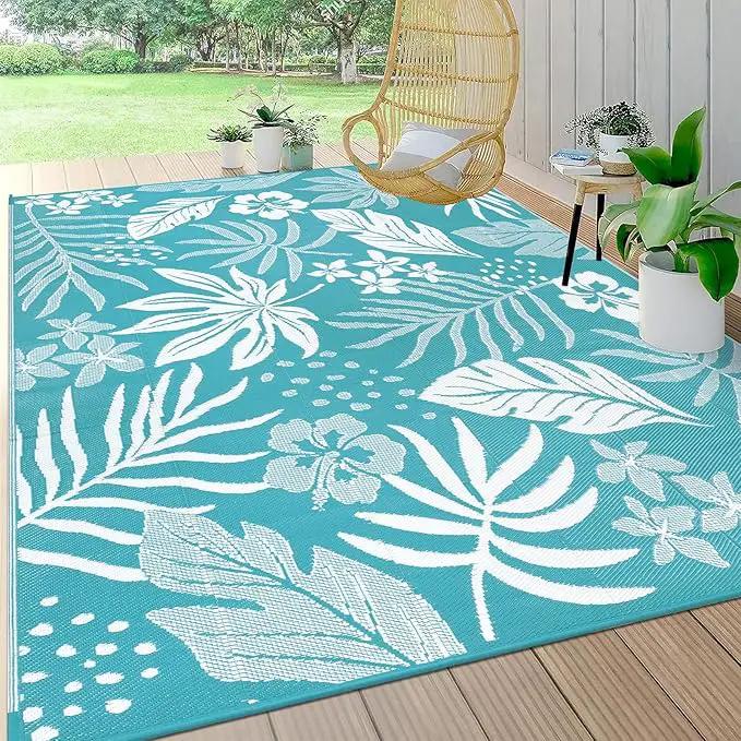 Pauwer Waterproof Outdoor Rug 9x12, Reversible Plastic Straw Patio Camping Rug, Indoor Outdoor RV Mat Carpet for Deck, Camper, Porch, Balcony, Backyard, Picnic, Floral Teal by GreenHaven Gardens
