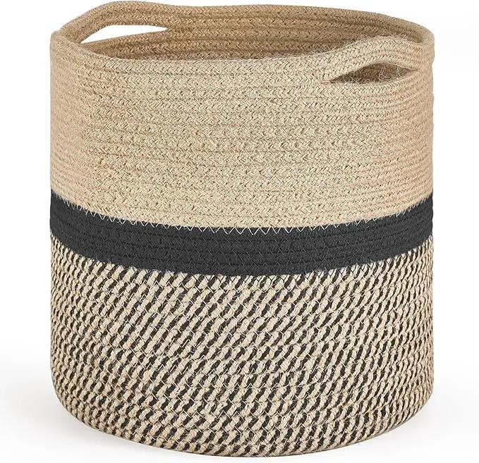 Dahey Jute Rope Plant Basket Modern Woven Storage Basket for 10" Indoor Planter, Decorative Flower Pots Cover Laundry Bin with Handle Rustic Home Decor, Black by GreenHaven Gardens