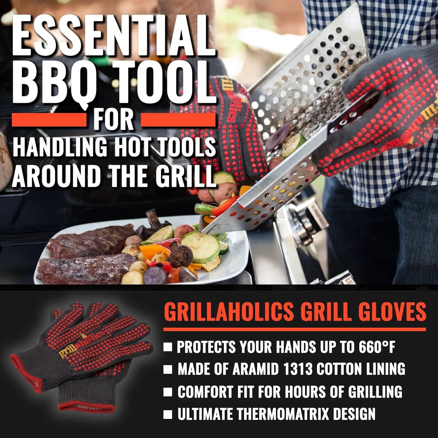 Grillaholics Barbecue Gloves, Top Cooking Gloves in Barbeque Grilling Accessories, 660°F Heat Resistant with ThermoMatrix™ Silicone, Protect Your Hands with BBQ Oven Mitts by GreenHaven Gardens
