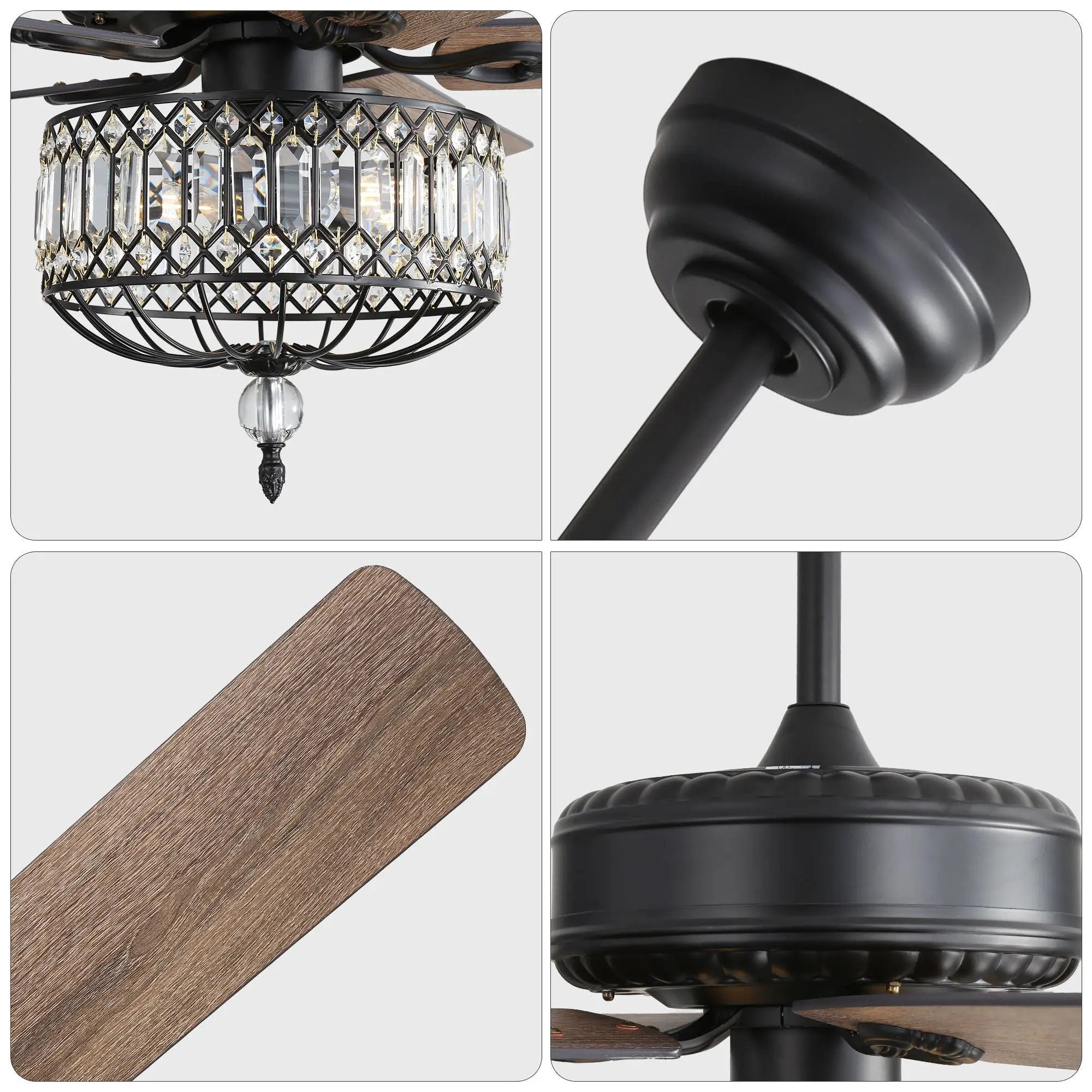 Ceiling Fan With Crystal Lampshade, 5 Blades, DC Motor, 6 Speed Remote Control, 1 / 4 / 8 Hour Timer - Black by Unique Piece Furniture