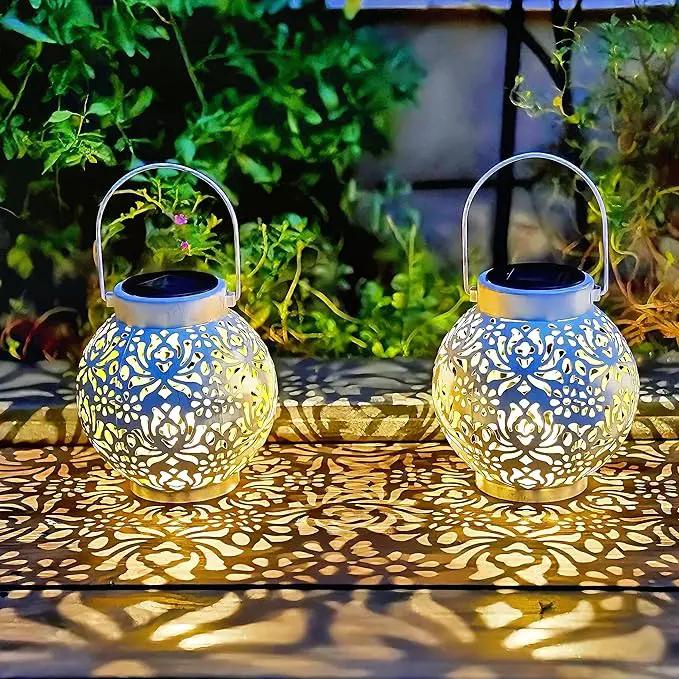 Set of 2 Outdoor Solar Hanging Lantern Lights Metal LED Decorative Lamp for Garden Patio Courtyard Lawn and Table with Hollowed-Out Design (White) by GreenHaven Gardens