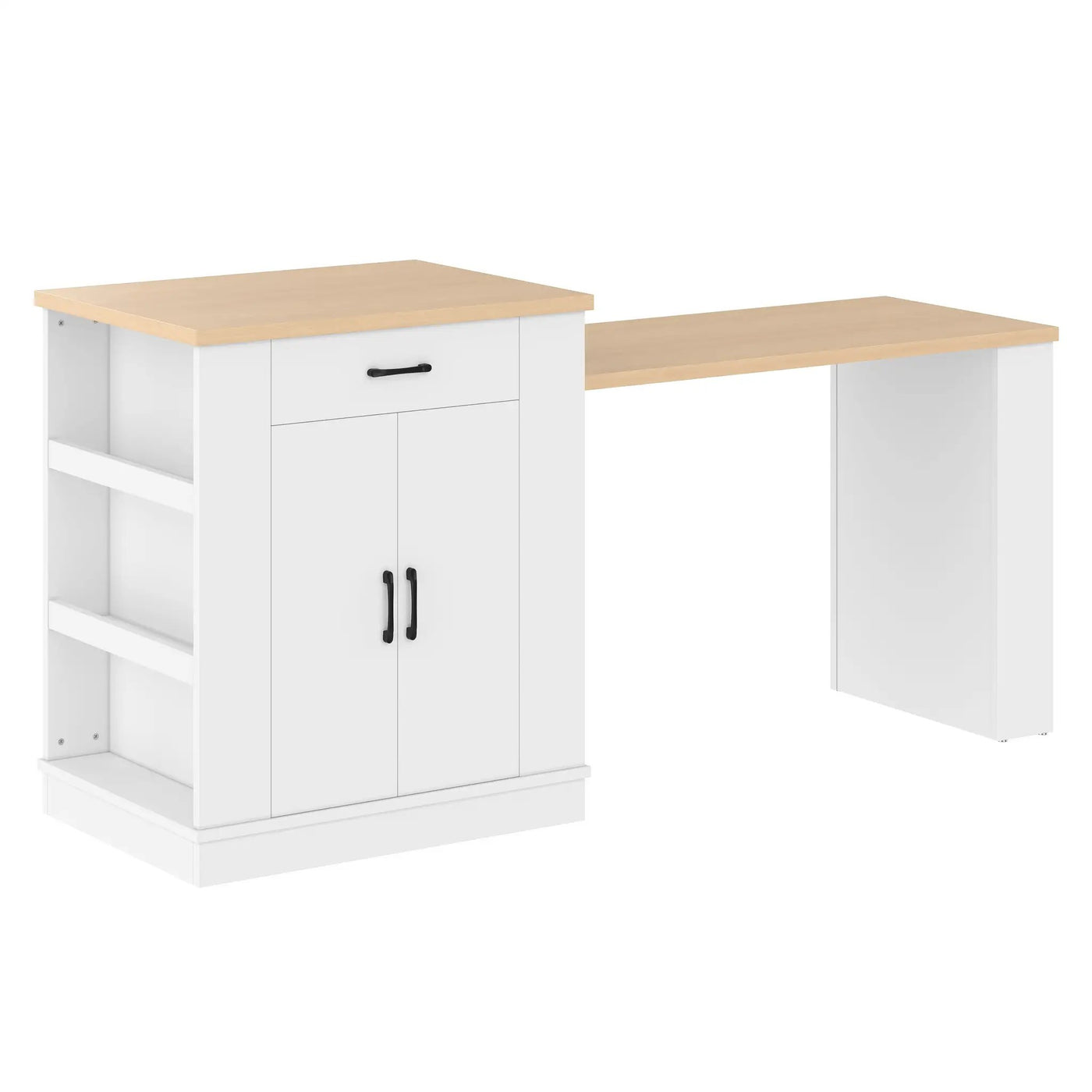 Extendable Island Console with Drawers, Double-Door Cabinet, and Open Shelving by HouseOfZazla