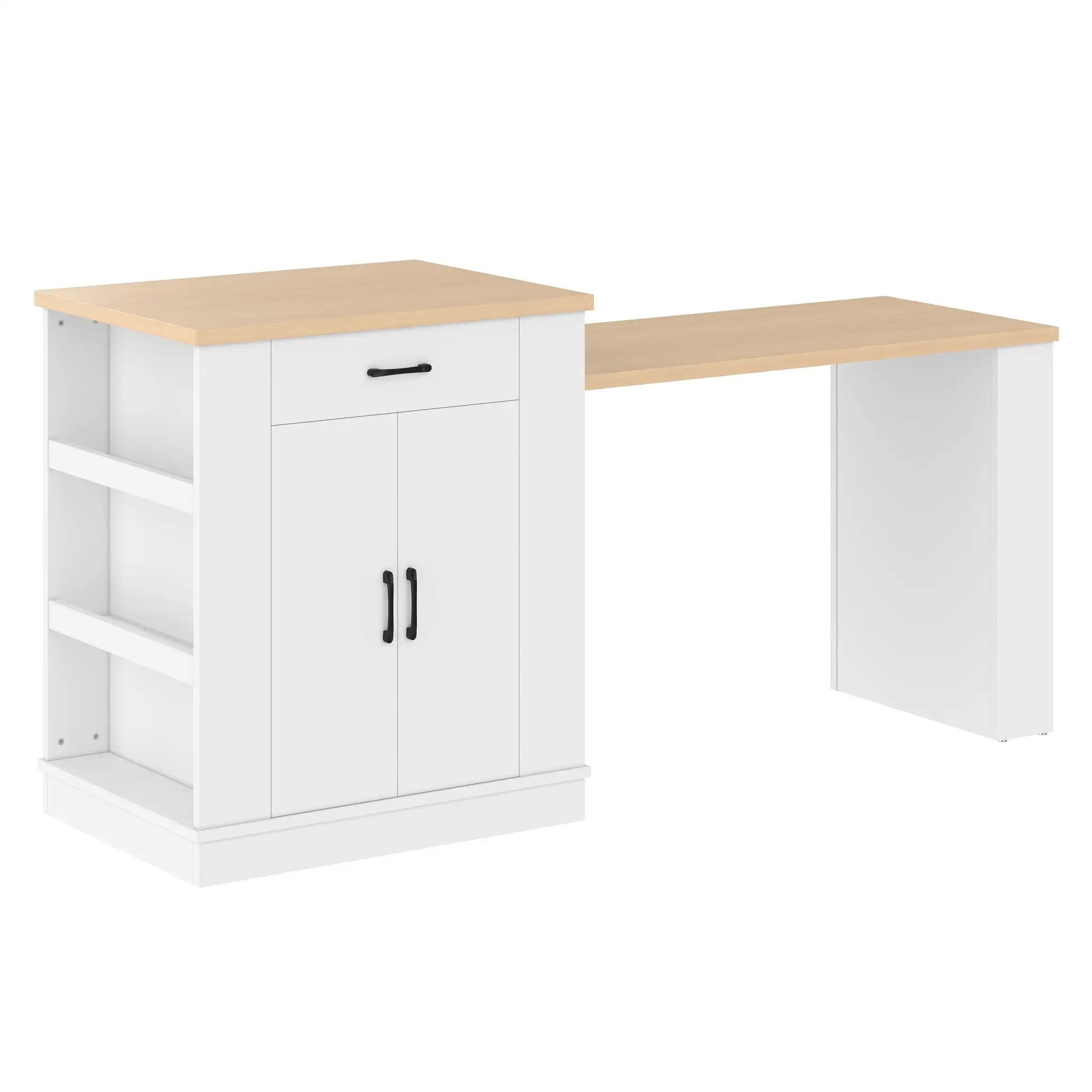 Extendable Island Console with Drawers, Double-Door Cabinet, and Open Shelving by HouseOfZazla