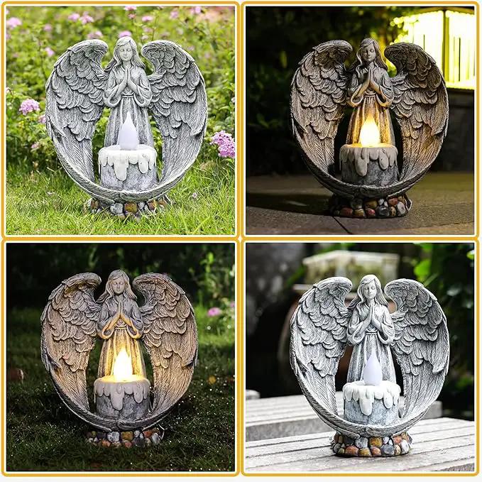 Angel Garden Statues Outdoor Cemetery Decorations for Grave Take The Cross Praying Wings Angel Figurine Cemetery Lights Patio Lawn Yard Porch Decorations 10.24 Inch by GreenHaven Gardens