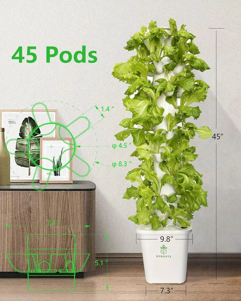 Hydroponic Tower Growing System，45 Pods Vertical Garden，Suitable for Indoor and Greenhouse, Grow Herbs and Vegetables，Houseplant Farming with Water Circulation and Automatic Timer by GreenHaven Gardens