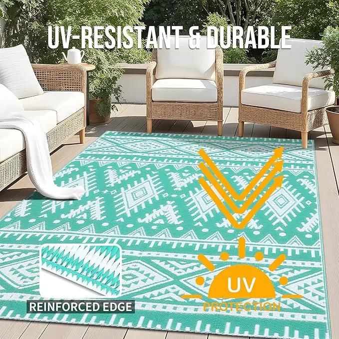 OLANLY Outdoor Rug Waterproof 5x8 ft, Reversible Outdoor Plastic Straw Rug, Boho Patio Rug, Indoor Outdoor Carpet, RV Mat Outside for Patio, Camp, Picnic, Balcony, Deck, Backyard, Turquoise & White by GreenHaven Gardens