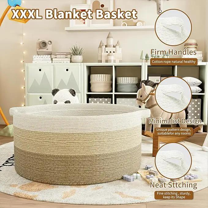 125L Extra Large Blanket Basket, 25" x 16", Jumbo Laundry Woven Basket Decorative Home, Cotton Rope Basket with Handles, Baby Toy Basket for Storage, Gradual Brown by GreenHaven Gardens