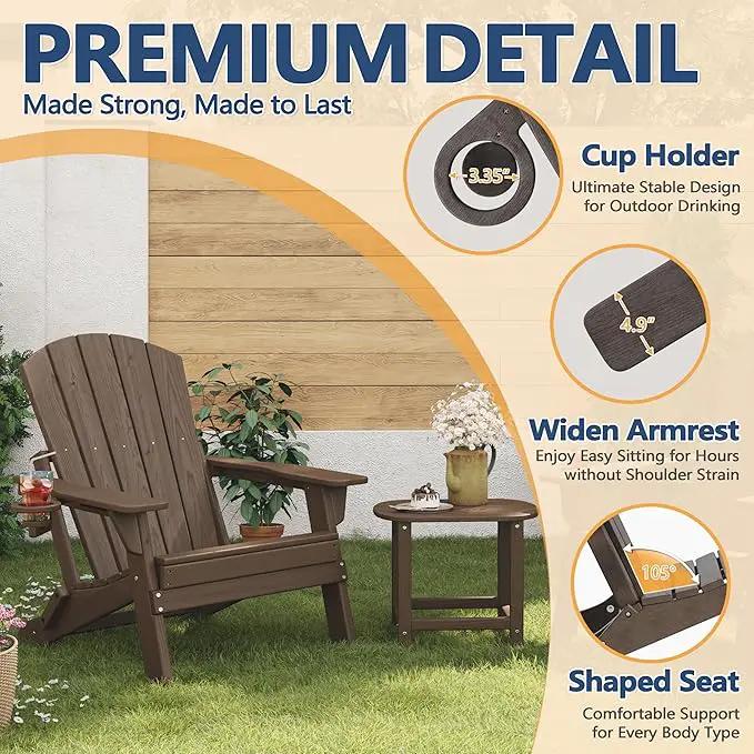 Folding Adirondack Chair Set of 2 with Cup Holder, HDPE All Weather Resistant Plastic Outdoor Patio Chairs, Heavy Duty Fire Pit Seating for Backyard Lawn Garden, Wooden Textured Design(Coffee) by GreenHaven Gardens