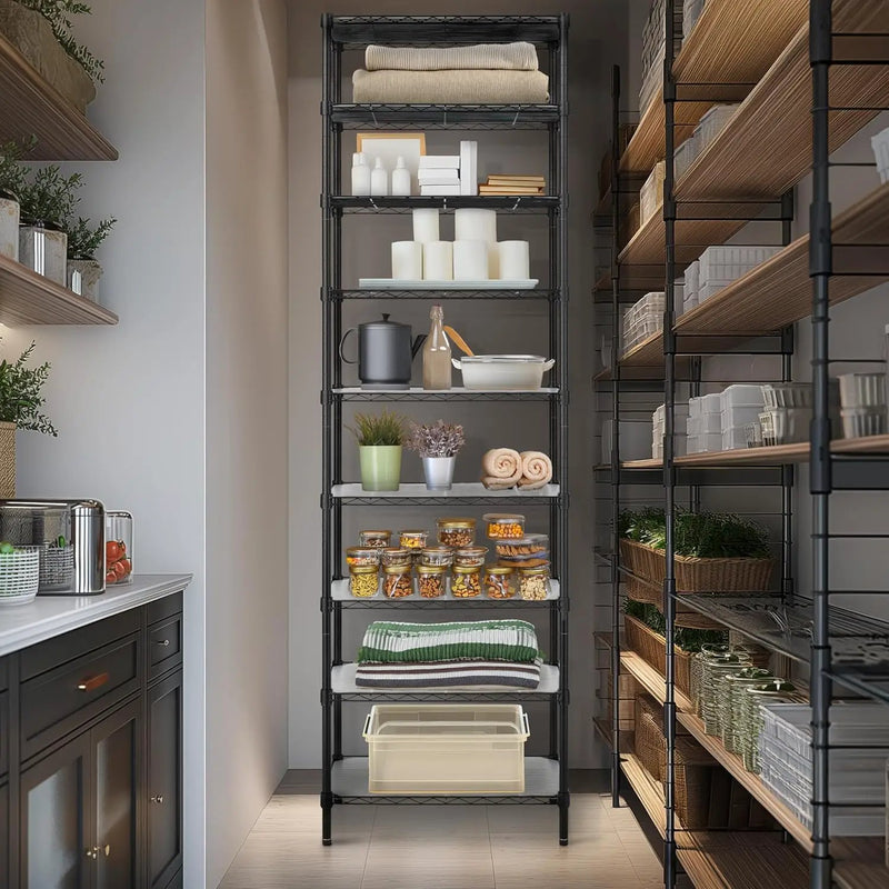 Finnhomy 9-Tier Wire Shelving Unit Adjustable Steel Wire Rack Shelving, 81 Inches Height 9 Shelves Metal Storage Rack, Pantry Shelves for Storage with PE mat, NSF Certified, Black by GreenHaven Gardens