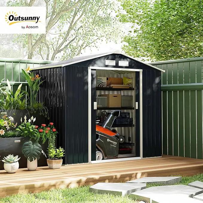 Outsunny 7' x 4' Outdoor Storage Shed, Garden Tool Metal Shed with Foundation Kit, Double Lockable Door, Air Vents and Sloping Roof, for Backyard, Patio, Lawn, Dark Gray by GreenHaven Gardens
