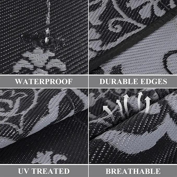 Pauwer Waterproof Outdoor Rug 8x10, Reversible Plastic Straw Patio Camping Rug, Indoor Outdoor RV Mat Carpet for Deck, Camper, Porch, Balcony, Backyard, Picnic, Boho Black Grey by GreenHaven Gardens