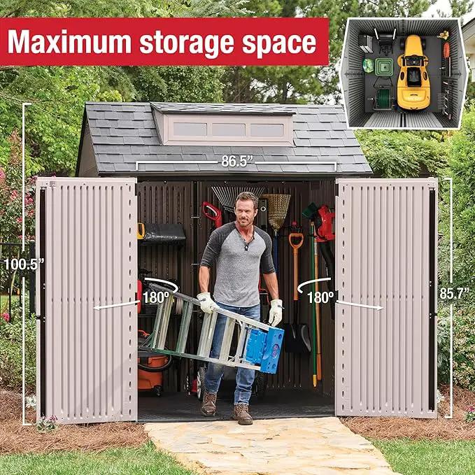 Rubbermaid Large Resin Outdoor Storage Shed With Floor (7 x 7 Ft.), Weather Resistant, Brown, Organization for Home/Lawn Mower/Backyard Equipment/Bike Storage/Pool Supplies by GreenHaven Gardens