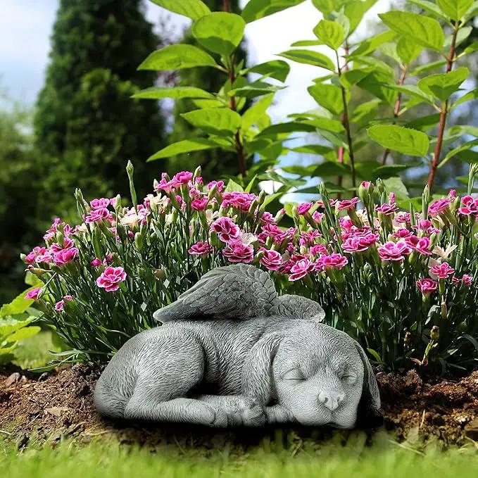 Pure Garden Sculpture Pet Memorial Statue, Sleeping Angel Dog, Stone Finish by GreenHaven Gardens